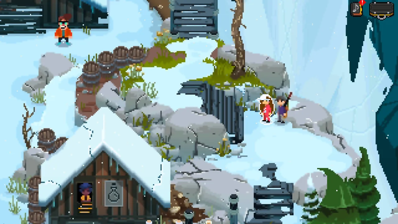 Dee Sharp's location in Fretless. She is standing inside a small wooden hut in Bass Camp.