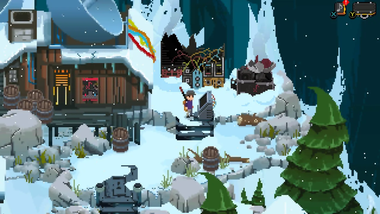 The player character in Fretless stands near Doctor Strum's console as it explodes, causing a crack to appear in the large ice wall in the background.