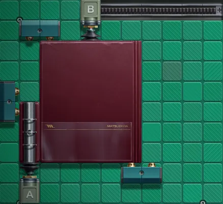 The factory layout I used to solve Level 1-01, Corporate Binder, showing machine and belt placements.