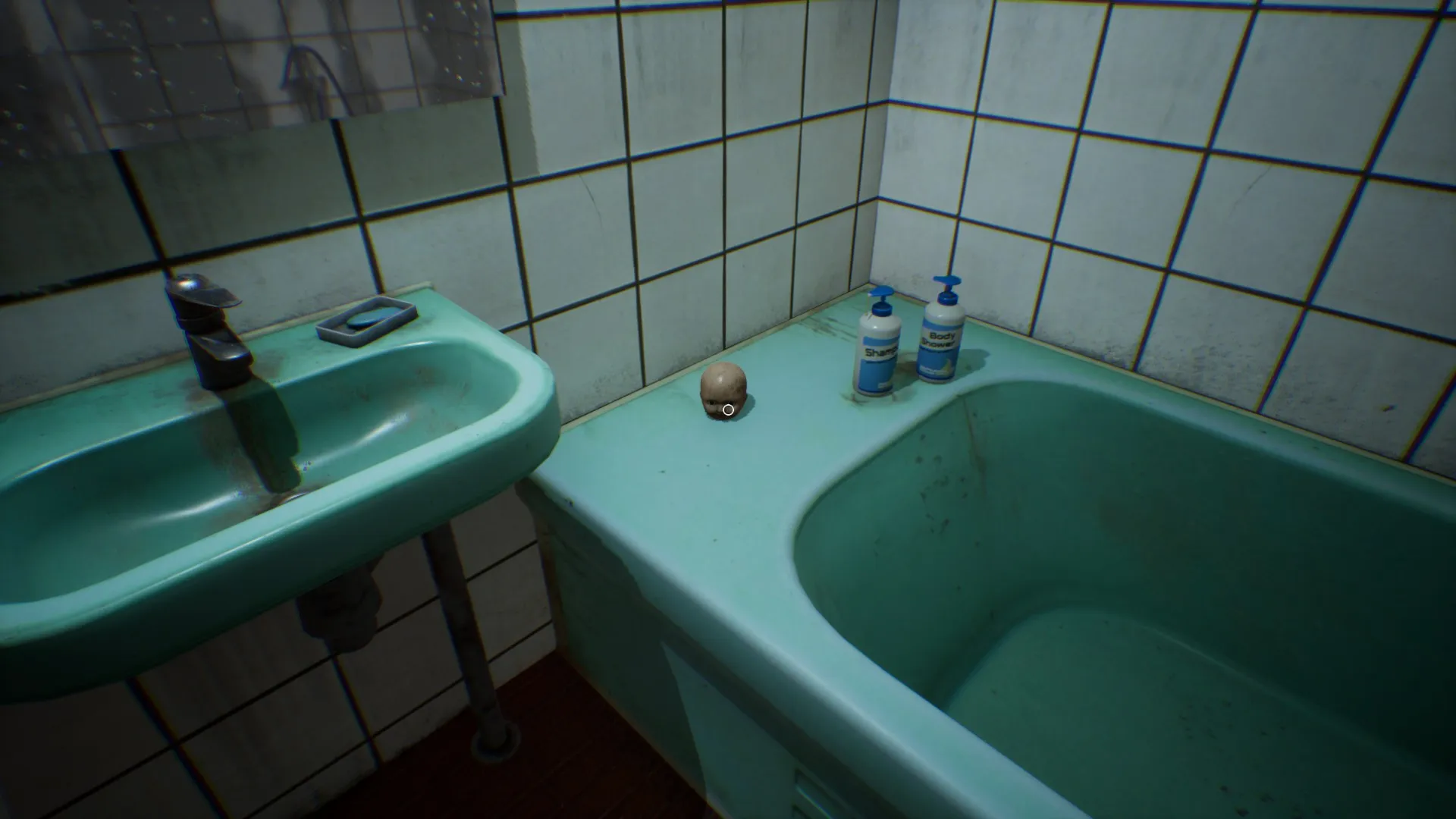 A close up of the baby doll head in the toilet.