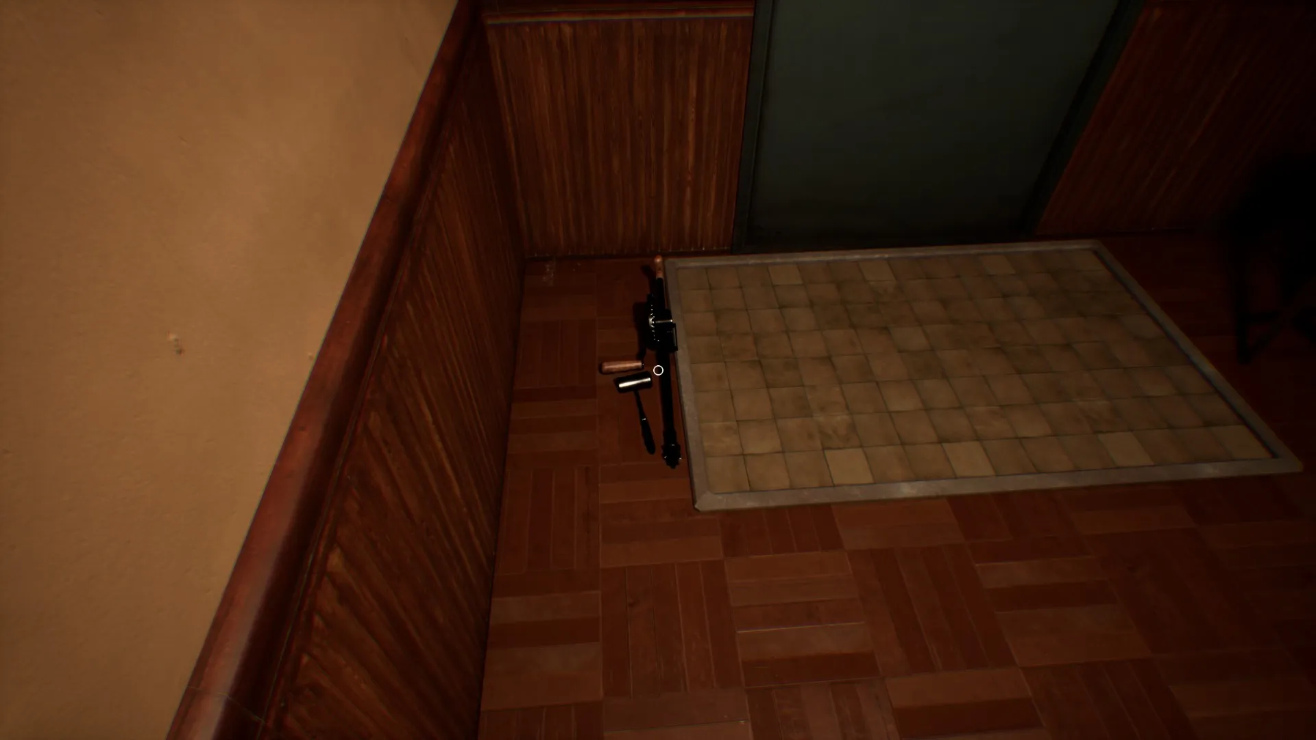 A trail of bloody footprints appears on the floor.