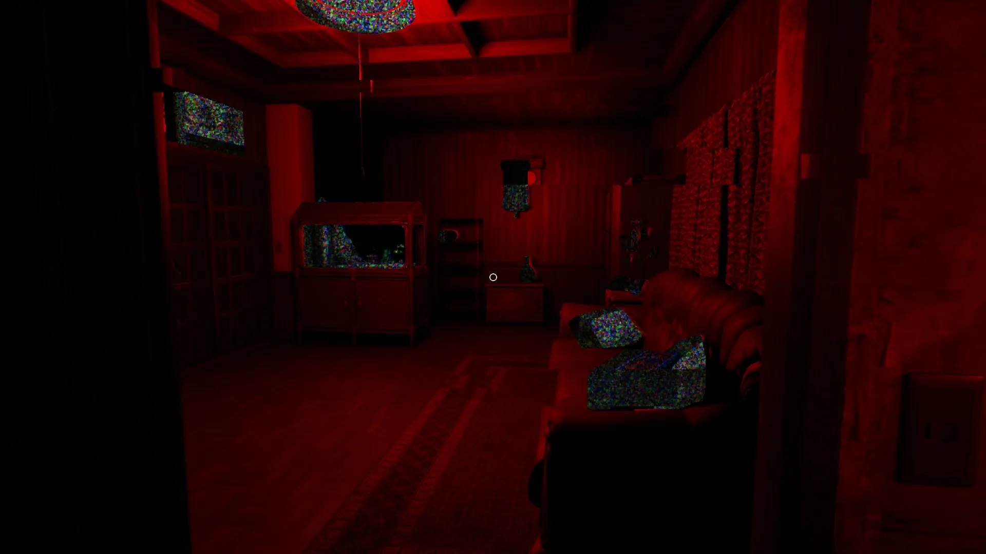 Bloody handprints on the safe room wall, a startling hallucination.