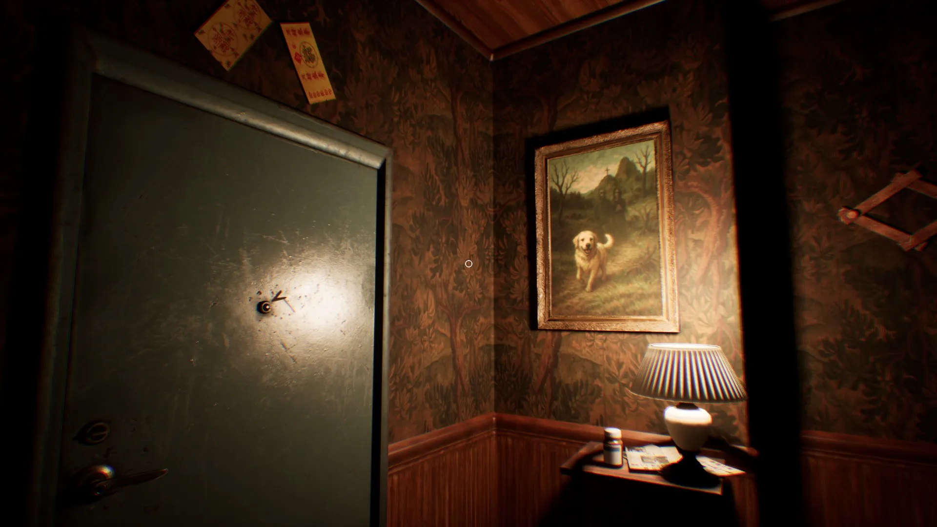 The peephole on the front door is dripping with blood.