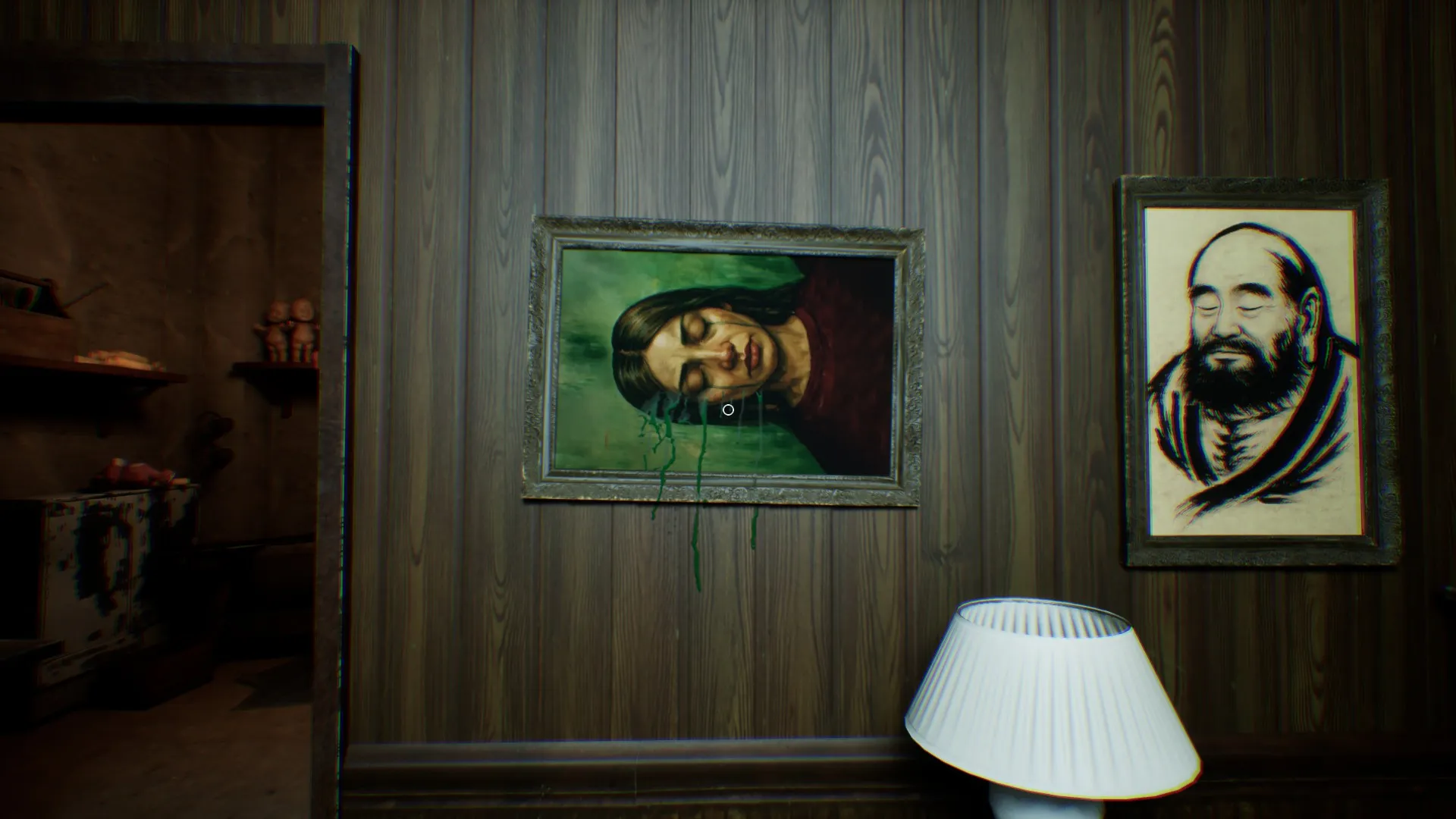 A ghostly woman is sitting on the couch and crying.