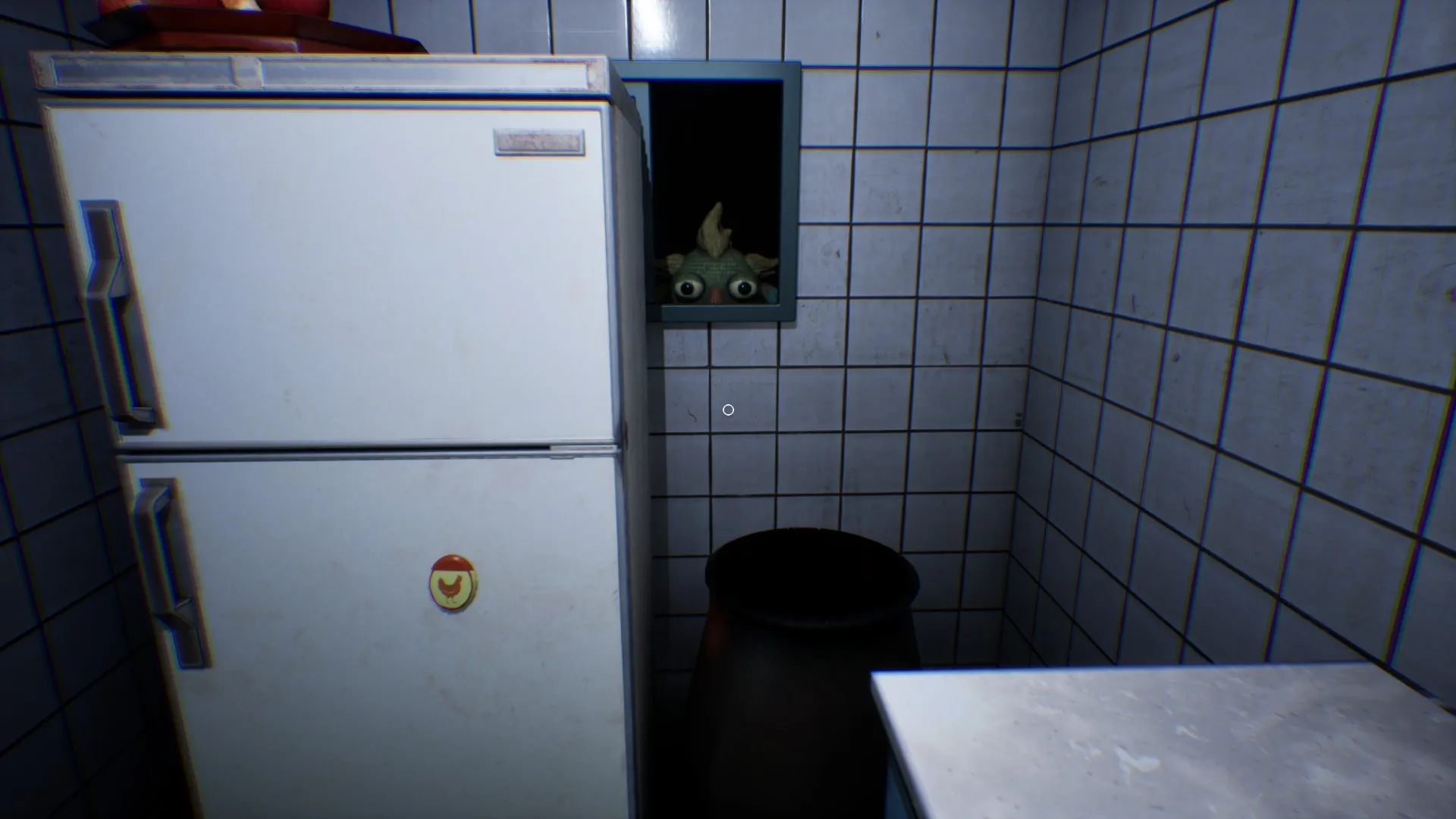 A small, creepy doll stands on the kitchen windowsill.