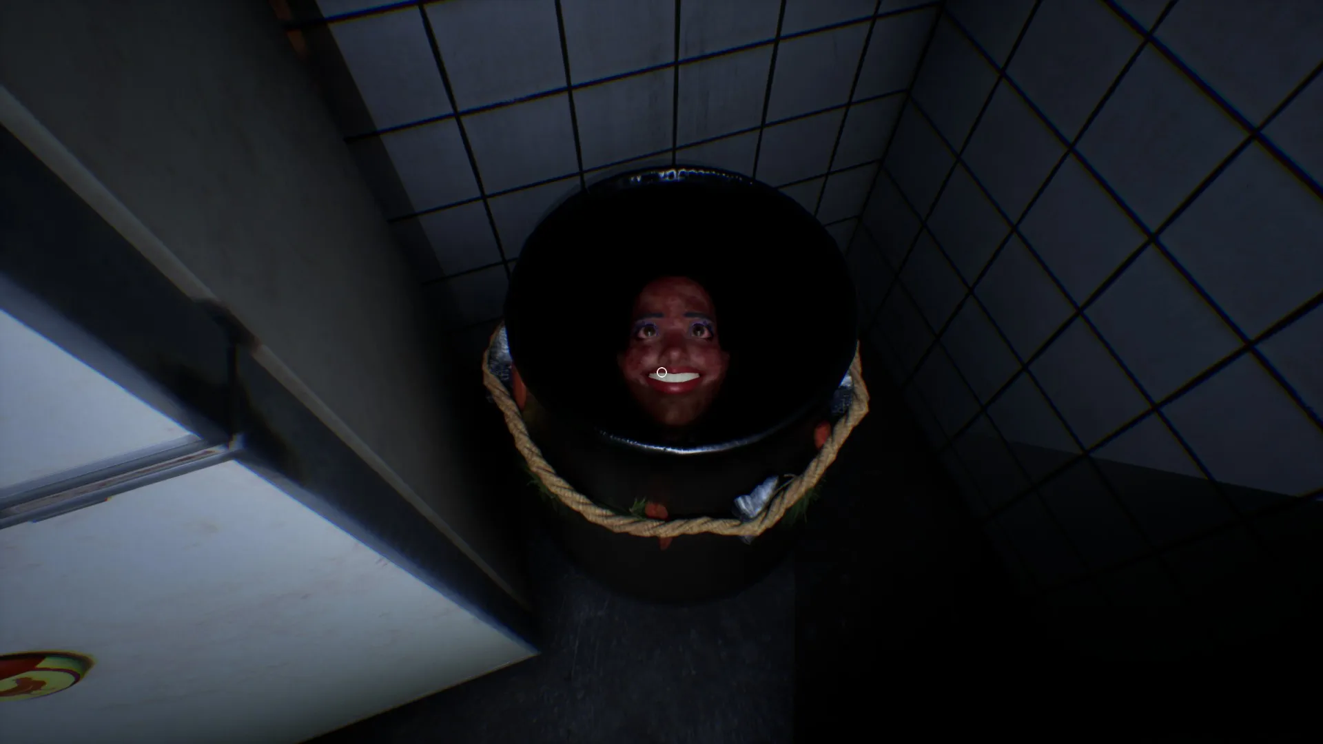 A close-up of the creepy face inside the microwave.