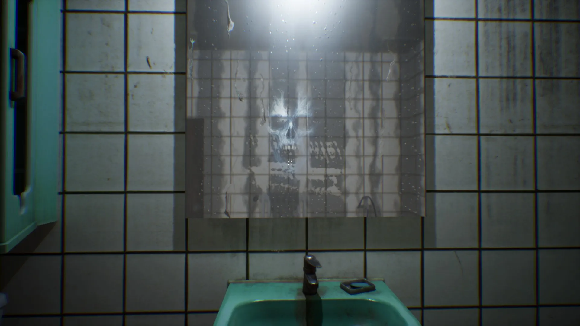 A ghostly face flashes in the bathroom mirror as the lights flicker.
