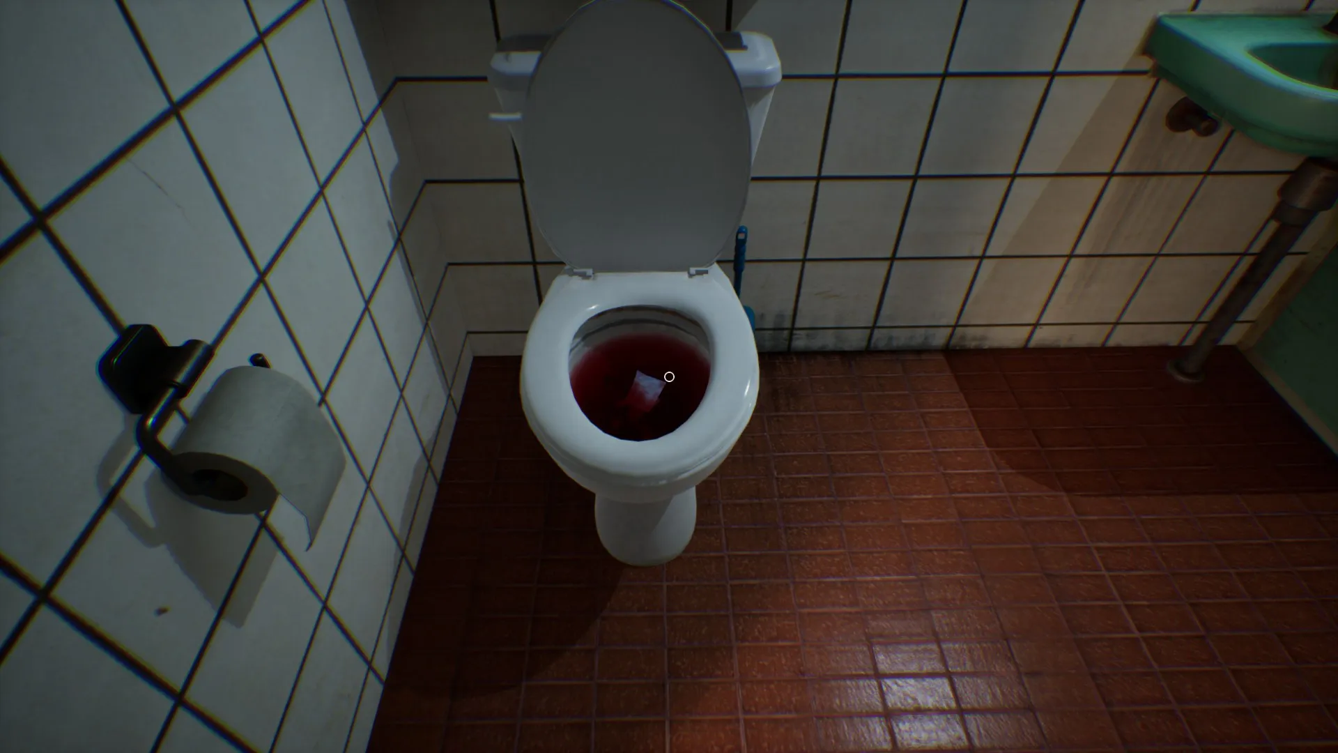 A toothbrush holder is floating in mid-air in the bathroom.