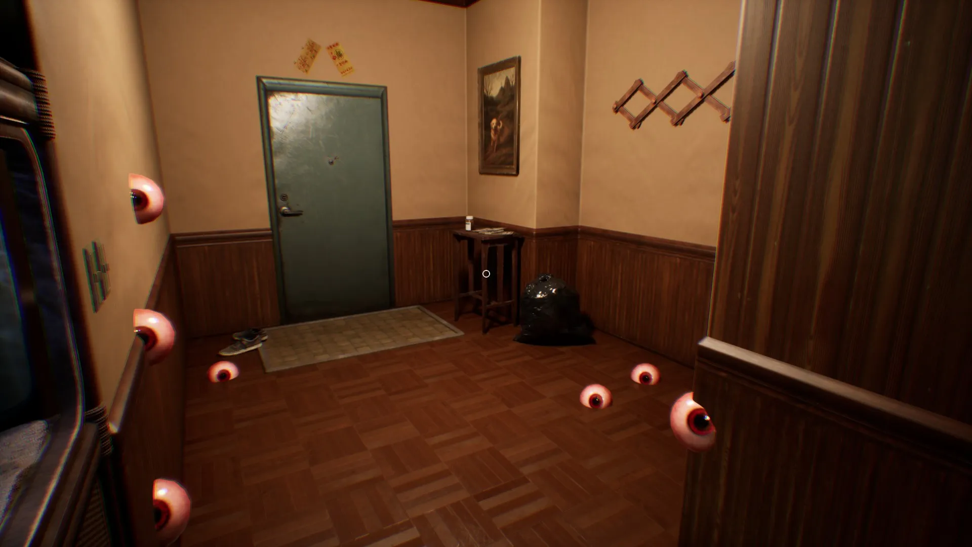 A ghost stands in the entryway, blocking the path.