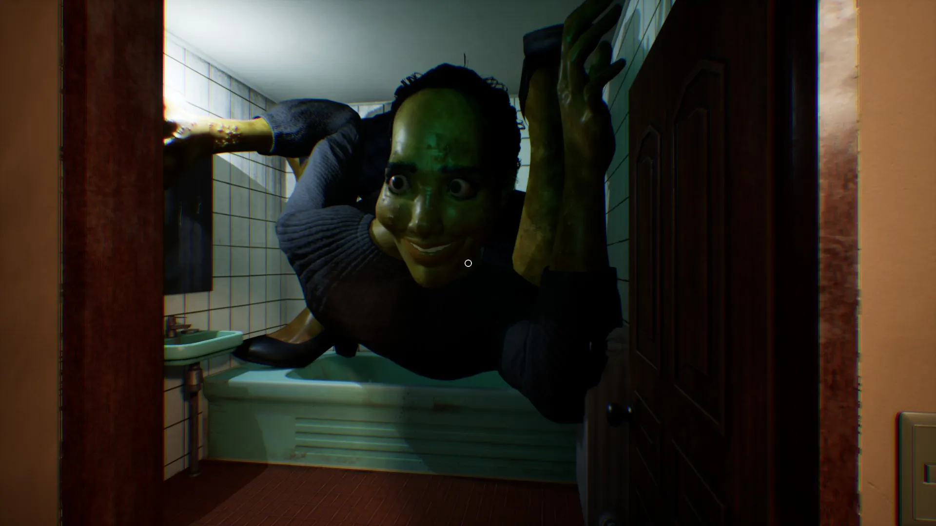 The massive figure of Giant Gomu fills the small bathroom.