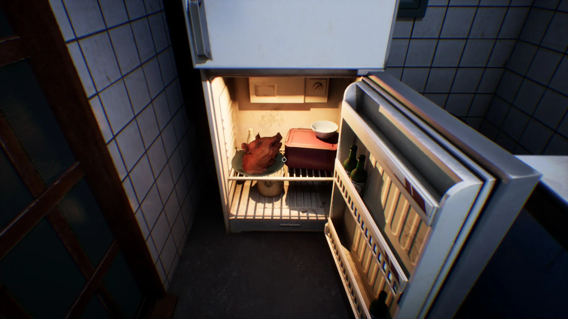 A severed head is visible under the kitchen sink.