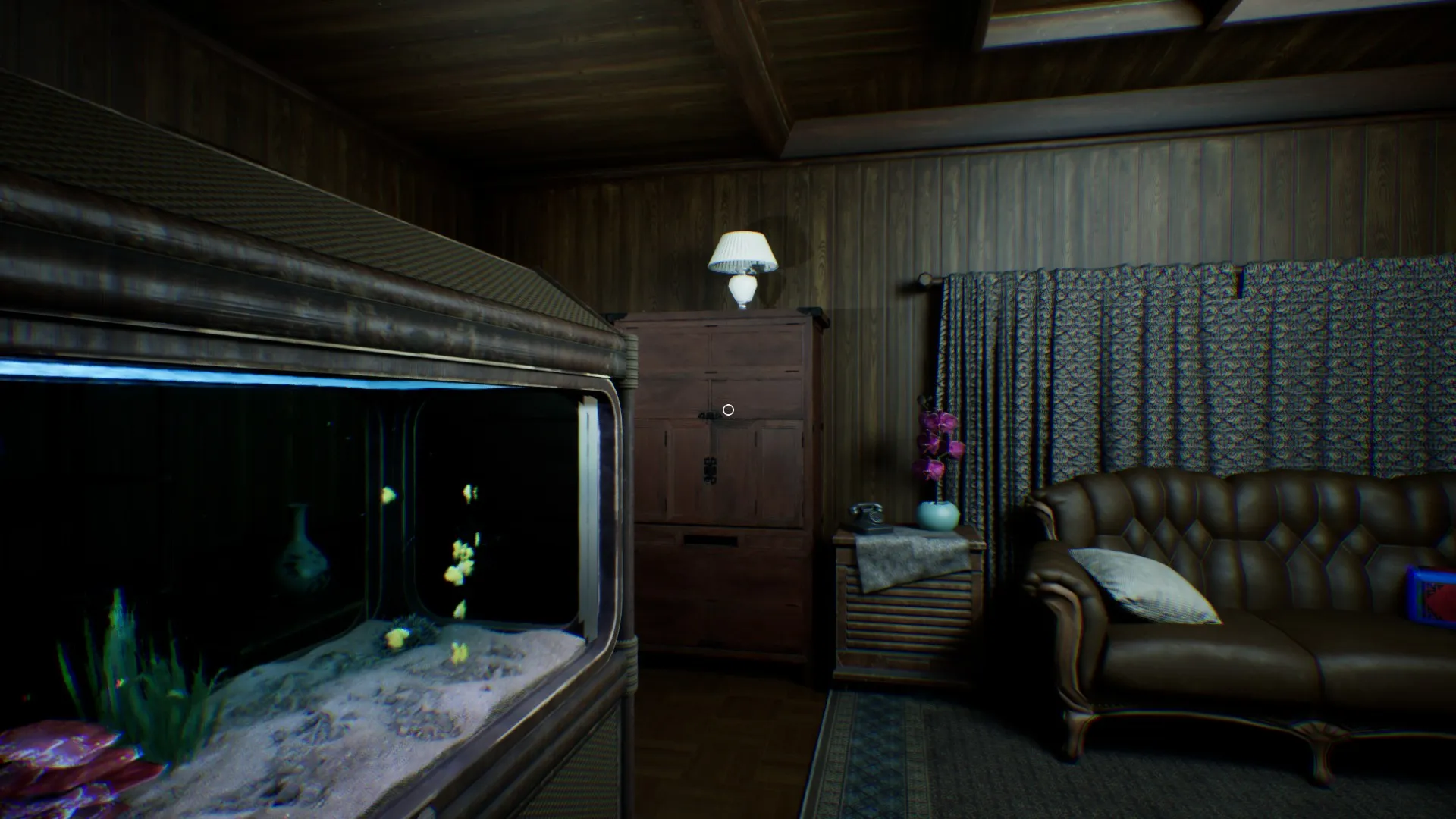 The possessed lamp has moved again, now sitting on top of the bookcase.