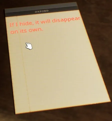 The notepad shows red text, warning of an upcoming hallucination.