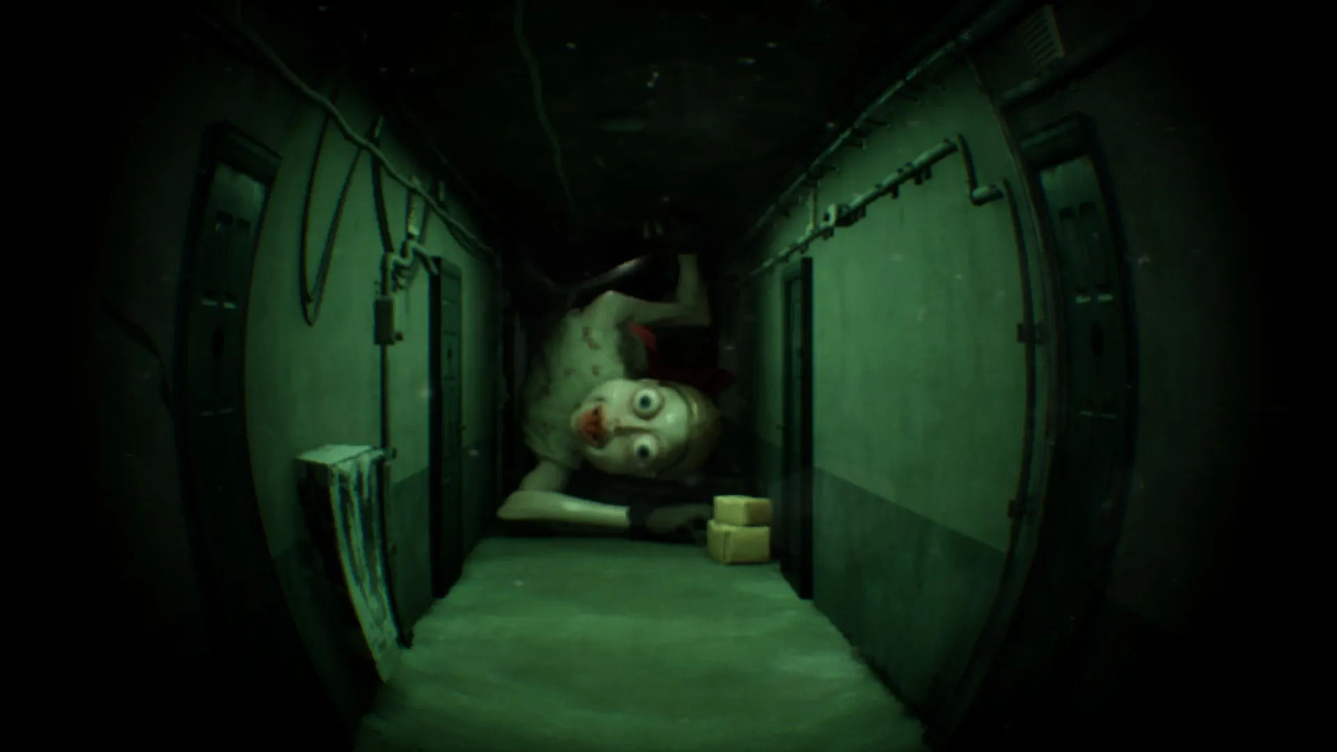 A scary face suddenly appears, filling the entire peephole view.