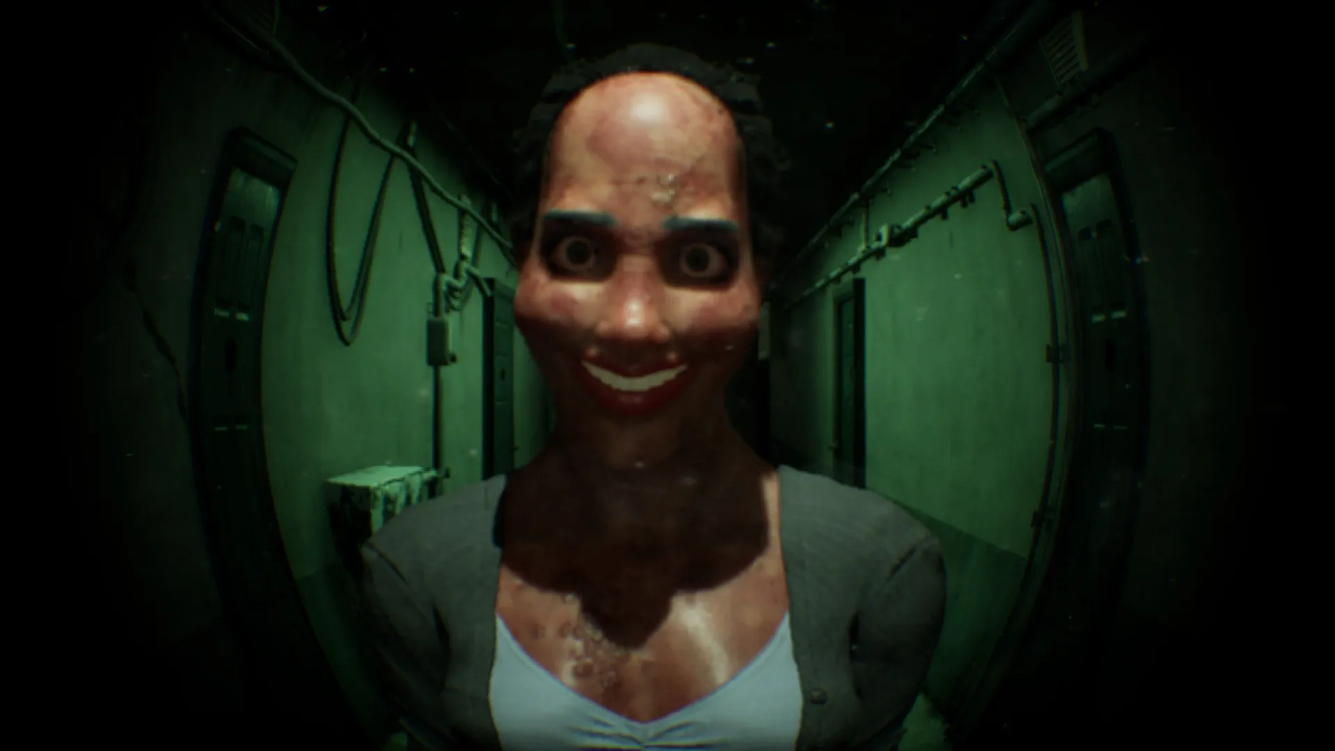 Ms. Gomu is standing silently in the hallway, not knocking.