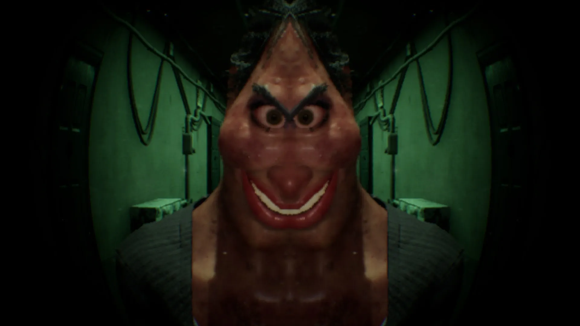 Looking through the peephole shows a body hanging in the hallway.