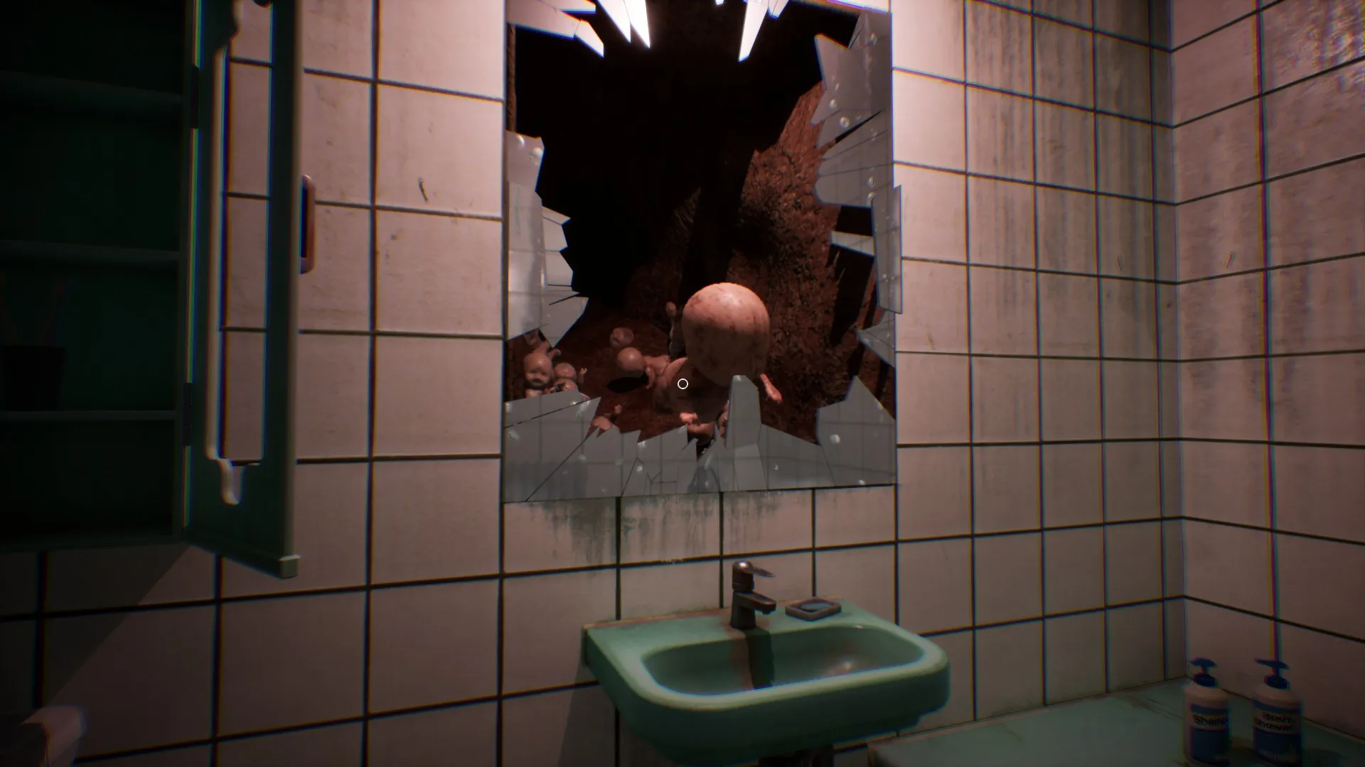 The bathroom mirror shatters and a baby head is thrown from it.